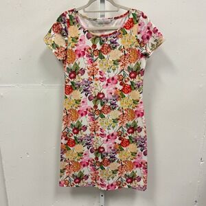 Papillon Blanc Floral Short Sleeve Sheath Dress Multi Color Pique Knee Length